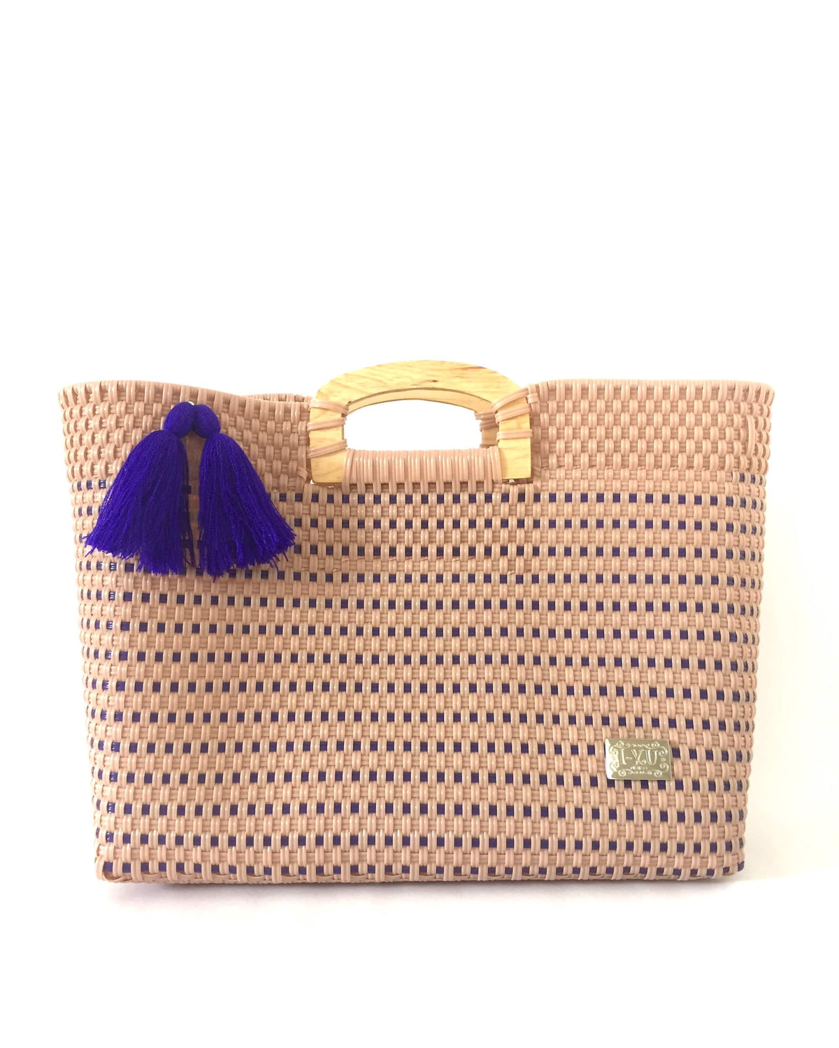 I-XU Wood Handle Tote bag in pink with blue details front view