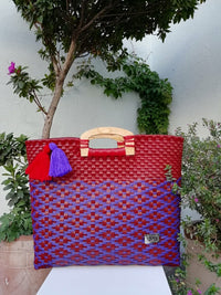 I-XU Unique Wood Handle Bag red with purple outdoor