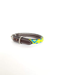 Extra-Small Leather Dog Collar with Handwoven Blue, Green & Yellow Pattern Buckle