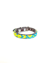 Extra-Small Leather Dog Collar with Handwoven Blue, Green & Yellow Pattern