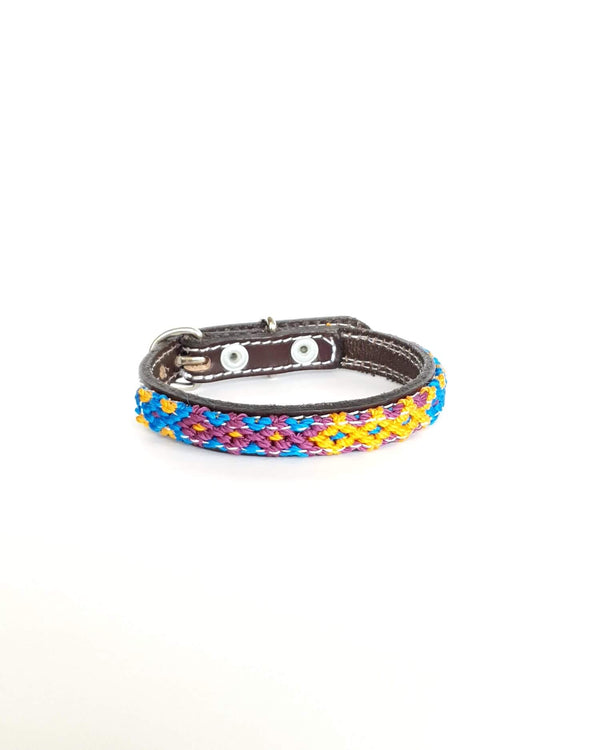 Extra-Small Leather Dog Collar with Handwoven Blue, Yellow & Purple Pattern