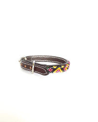 Extra-Small Leather Dog Collar with Handwoven Burgundy, Yellow & Black Pattern Buckle