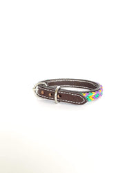 Extra-Small Leather Dog Collar with Handwoven Lilac, Yellow & Green Pattern Buckle