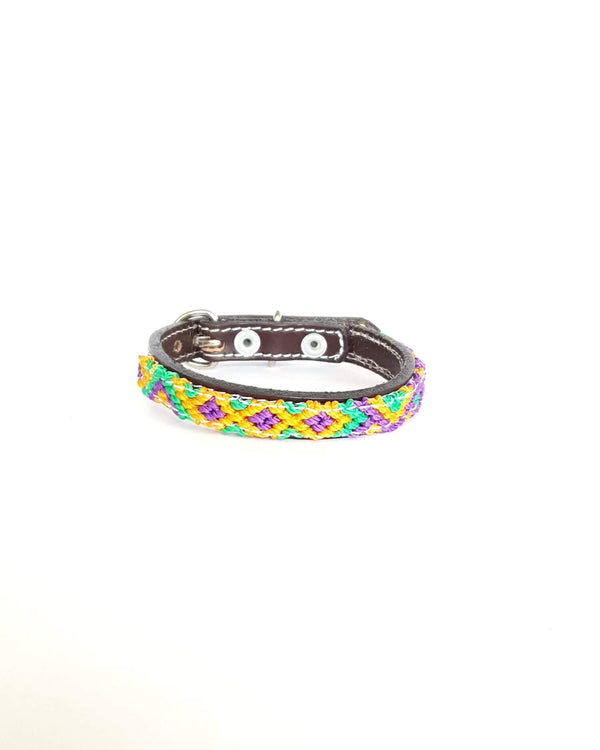 Extra-Small Leather Dog Collar with Handwoven Lilac, Yellow & Green Pattern