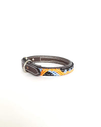Extra-Small Leather Dog Collar with Handwoven Peach, Sky Blue & Black Pattern Buckle