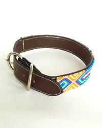 Large Leather Dog Collar with Handwoven Blue, Orange & Purple Pattern buckle