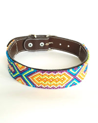 Large Leather Dog Collar with Handwoven Blue, Orange & Purple Pattern front