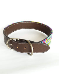 Large Leather Dog Collar with Handwoven Blue, Pink & Yellow Pattern buckle