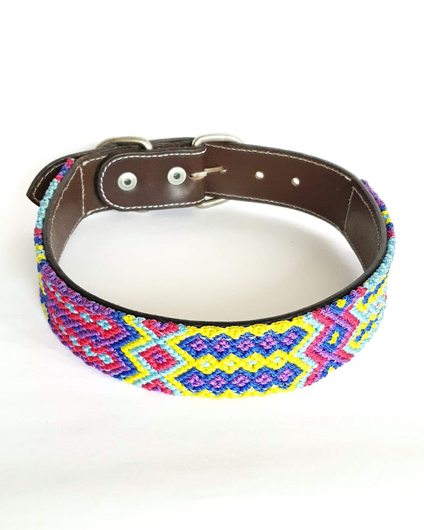 Large Leather Dog Collar with Handwoven Blue, Pink & Yellow Pattern front