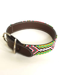 Large Leather Dog Collar with Handwoven Green, Gold & Red Pattern buckle