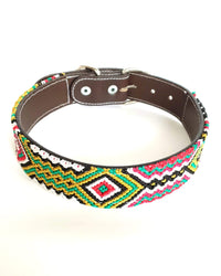 Large Leather Dog Collar with Handwoven Green, Gold & Red Pattern