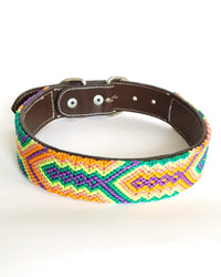 Large Leather Dog Collar with Handwoven Green, Orange & Purple Pattern