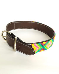 Large Leather Dog Collar with Handwoven Green, Yellow & Pink Pattern buckle