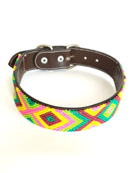 Large Leather Dog Collar with Handwoven Green, Yellow & Pink Pattern