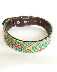 Large Leather Dog Collar with Handwoven Green, Yellow & Purple Pattern