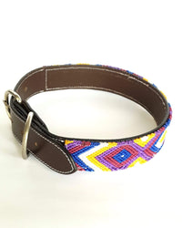 Large Leather Dog Collar with Handwoven Purple, Blue & Yellow Pattern buckle