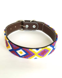 Large Leather Dog Collar with Handwoven Purple, Blue & Yellow Pattern