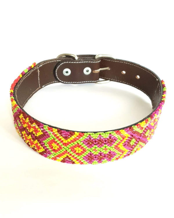 Large Leather Dog Collar with Handwoven Yellow, Orange & Green Pattern