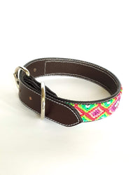 Medium Leather Dog Collar with Handwoven Green, Purple & Red Pattern buckle