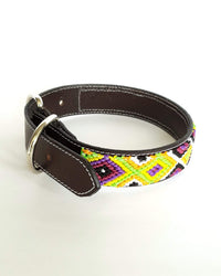 Medium Leather Dog Collar with Handwoven Green, Yellow & Purple Pattern buckle
