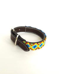 Small Leather Dog Collar with Handwoven Blue, Green & Orange Pattern Buckle