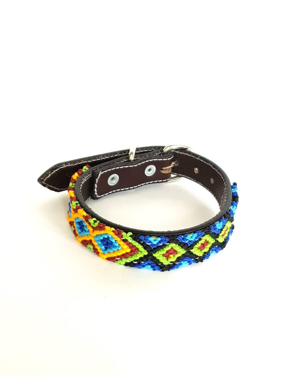 Small Leather Dog Collar with Handwoven Blue, Green & Orange Pattern