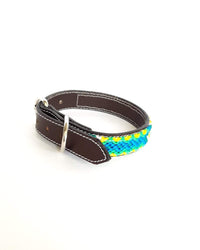 Small Leather Dog Collar with Handwoven Green, Yellow & White Pattern Buckle
