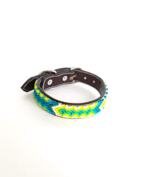 Small Leather Dog Collar with Handwoven Green, Yellow & White Pattern