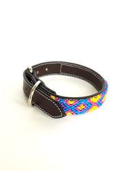 Small Leather Dog Collar with Handwoven Blue, Purple & Yellow Pattern Buckle