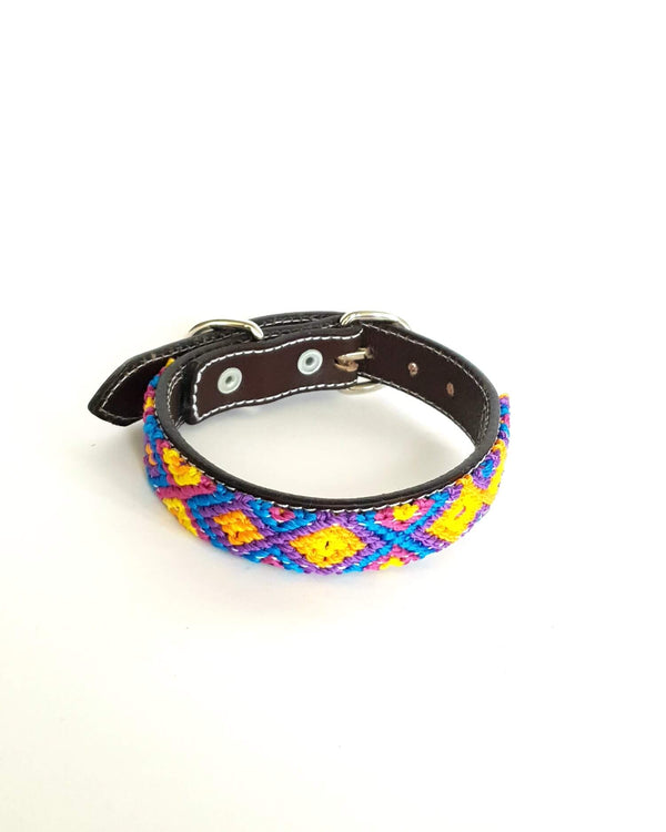 Small Leather Dog Collar with Handwoven Blue, Purple & Yellow Pattern