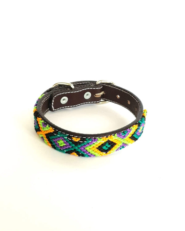 Small Leather Dog Collar with Handwoven Green, Yellow & Black Pattern