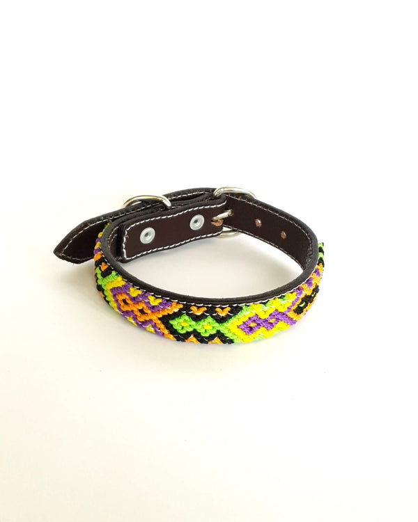 Small Leather Dog Collar with Handwoven Orange, Yellow & Black Pattern