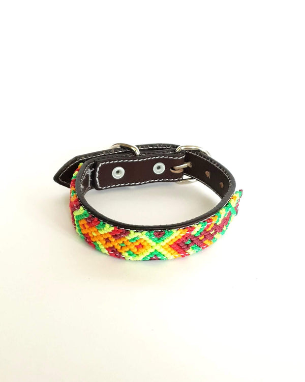 Small Leather Dog Collar with Handwoven Yellow, Green & Red Pattern