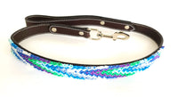 Leather Dog Leash with Handwoven Blue, Green & Purple Pattern