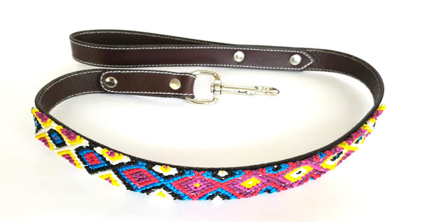 Leather Dog Leash with Handwoven Burgundy, Yellow, Blue & Black Pattern