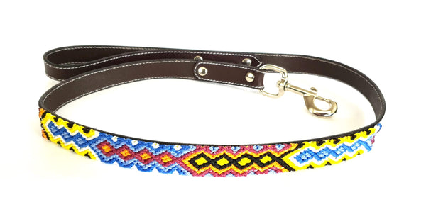 Leather Dog Leash with Handwoven Burgundy, Blue & Yellow Pattern