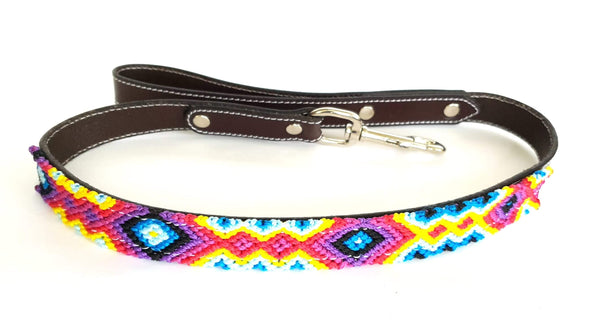 Leather Dog Leash with Handwoven Red, Blue, Yellow & Purple Pattern