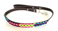 Leather Dog Leash with Handwoven Red, Blue, Yellow Pattern