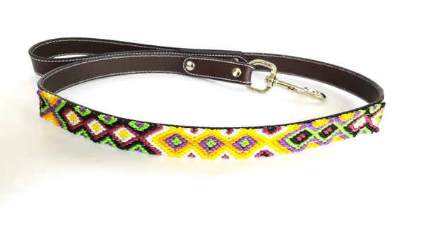 Leather Dog Leash with Handwoven Yellow, Green & Black Pattern