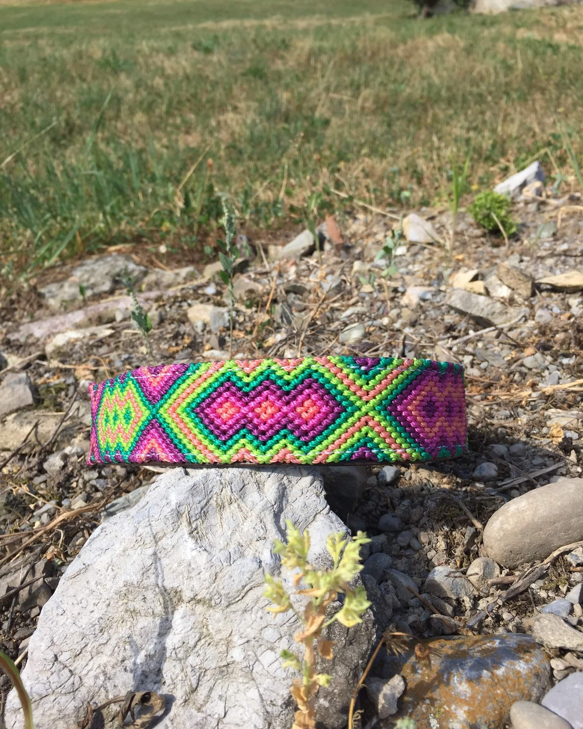 Makan Large Size Dog Collar pink & green color on top of rock