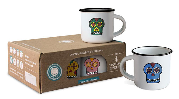 Calacas tequila shot cup set with 4 different colorful skull styles