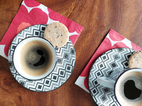 Enamel Espresso Cup & Plate Set - Black & White Geometric Mexican Textiles