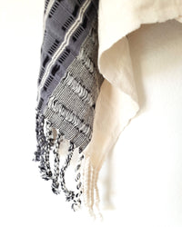 Taabal Rebozo Black & White Shawl Wrap open fringes and texture detail