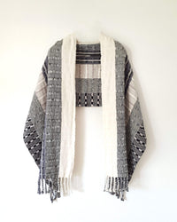Taabal Rebozo Black & White Shawl Wrap open view with white front