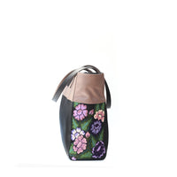 Leather Handbag Black with Beige with Embroidered Flowers Dalia - Shoulder & Travel Bag - Hand embroidered